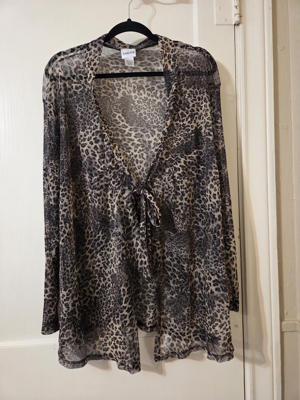 Chico's Sheer Leopard-Print Tie-Front Cover-Up/Cardigan - Black/Tan